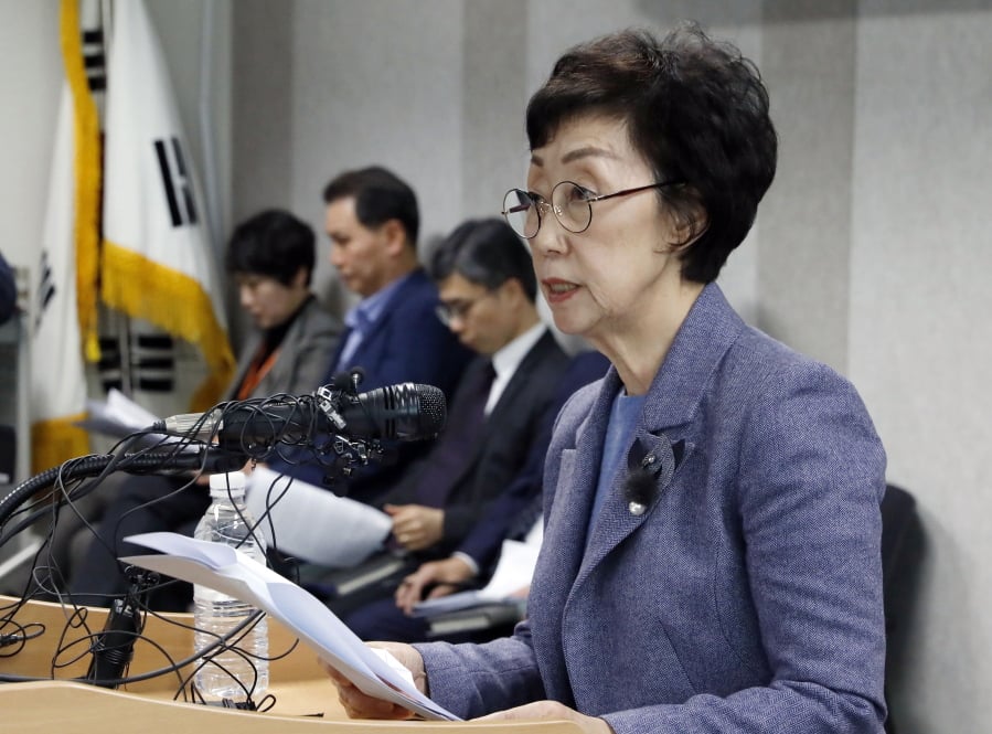 In this Tuesday, Jan. 22, 2019, photo, Choi Young-ae, head of the National Human Rights Commission, speaks on human rights conditions in sports circles during a press conference in Seoul, South Korea. South Korea’s human rights commission plans to interview possibly thousands of athletes about a culture of abuse in sports after a wave of female athletes came forward to say they had been raped or assaulted by their coaches.