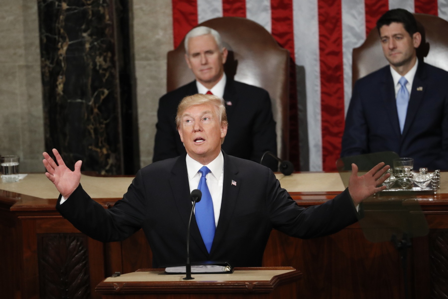 FILE - In this Jan. 30, 2018 file photo, President Donald Trump delivers his State of the Union address to a joint session of Congress on Capitol Hill in Washington.