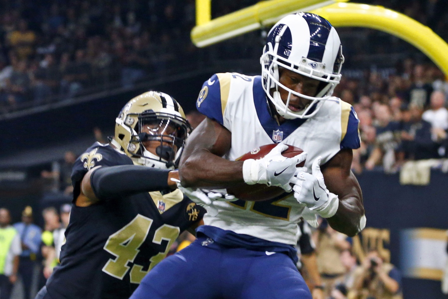 Los Angeles Rams wide receiver Brandin Cooks (12) pulls in a touchdown reception in front of New Orleans Saints free safety Marcus Williams (43). Cooks is the first player in NFL history to have three consecutive 1,000-yard receiving seasons with three different teams.