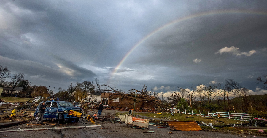 A rainbow over damage from a tornado touchdown in Wetumpka, Ala., on Saturday, Jan. 19, 2019. The mayor of Wetumpka in central Alabama says a possible tornado has caused significant damage to the city’s downtown, with several buildings on the ground after an intense storm passed through the area.