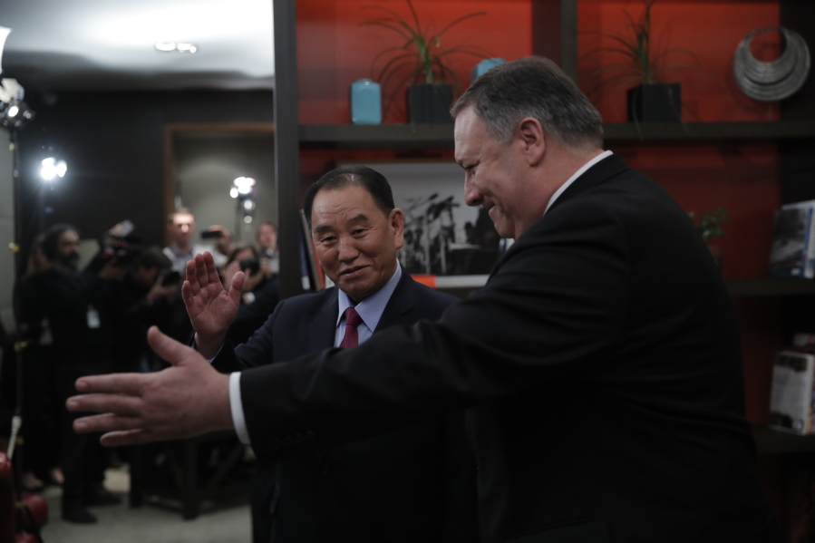 Secretary of State Mike Pompeo and Kim Yong Chol, a North Korean senior ruling party official and former intelligence chief, meet in Washington, Friday, Jan. 18, 2019.