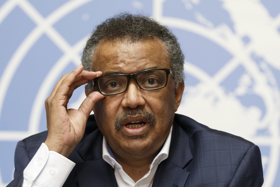 FILE - In this Tuesday Aug. 14, 2018 file photo, Tedros Adhanom Ghebreyesus, Director General of the World Health Organization (WHO), speaks during a press conference at the European headquarters of the United Nations in Geneva, Switzerland, on WHO Ebola operations in the Democratic Republic of the Congo (DRC). Tedros Adhanom Ghebreyesus has ordered an internal investigation into allegations the U.N. health agency is rife with racism, sexism and corruption, after a series of anonymous emails with the explosive charges were sent to top managers last year.