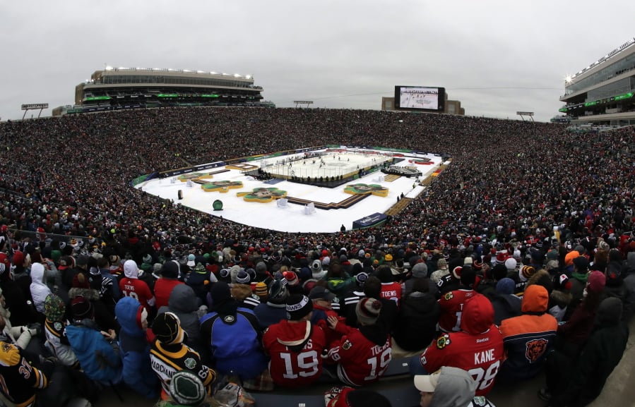 A general view of Notre Dame Stadium is seen in the second period of the NHL Winter Classic hockey game between the Boston Bruins and the Chicago Blackhawks, Tuesday, Jan. 1, 2019, in South Bend, Ind. (AP Photo/Nam Y.