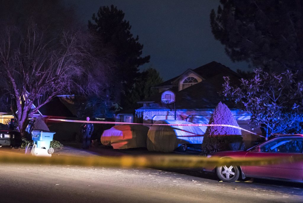 Police cordon off the scene of a stabbing at 13105 SE Angus Street in East Vancouver on Friday night, Jan. 11, 2019.