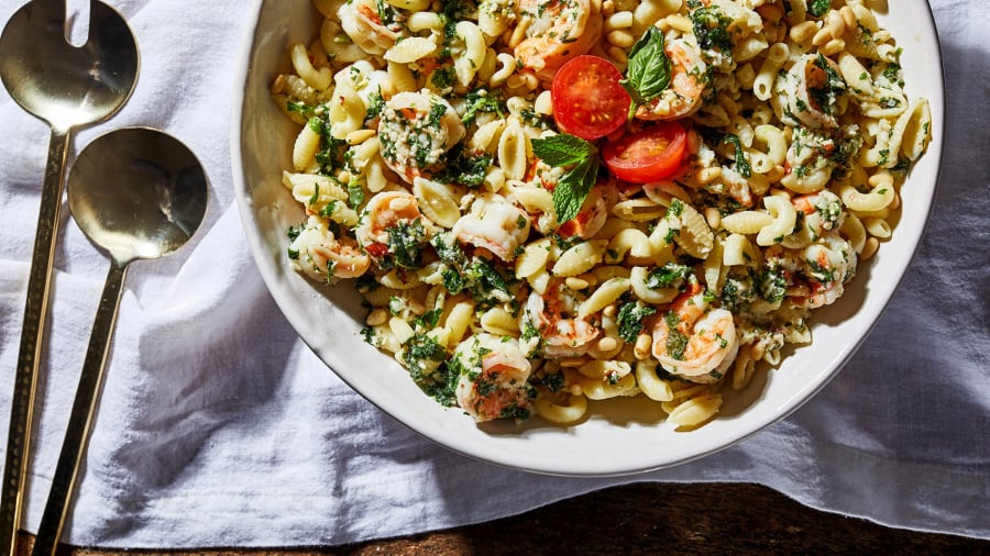 Pasta with Shrimp and Sicilian Pesto (Stacy Zarin Goldberg for The Washington Post)
