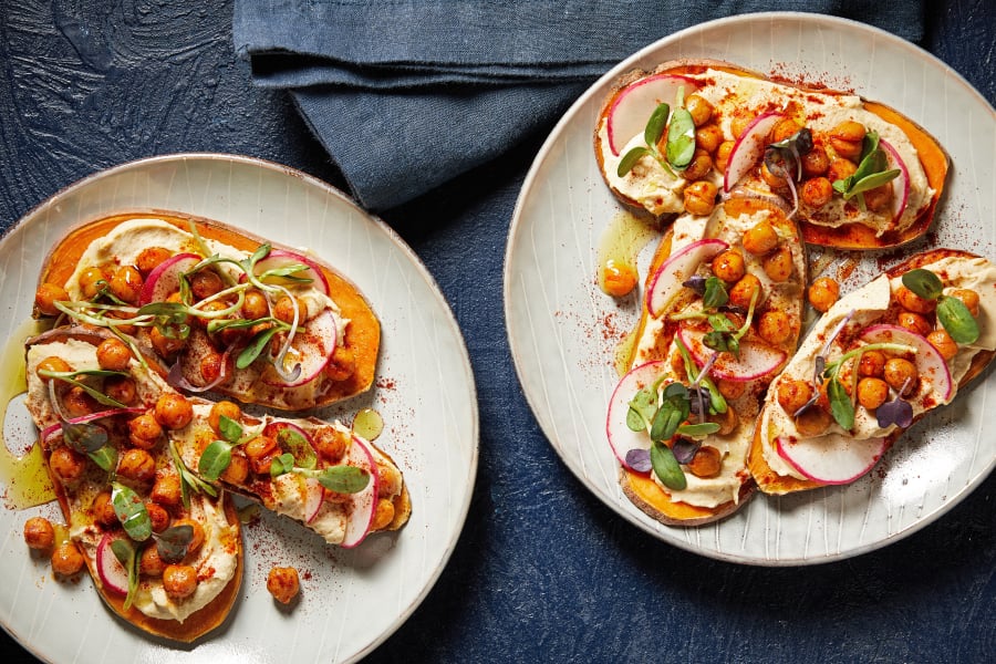 Sweet Potato Toasts With Hummus, Radish and Sunflower Sprouts.