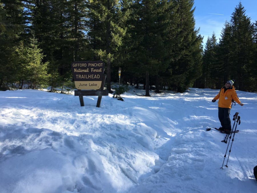 A winter hiker prepares to snow shoe the June Lake Trail south of Mount St. Helens. Sno-Parks in the Giffrod Pinchot National Forest had been suffering from a lack of snow until last weekend when storms dumped three feet of fresh powder in the Cascade Mountains.