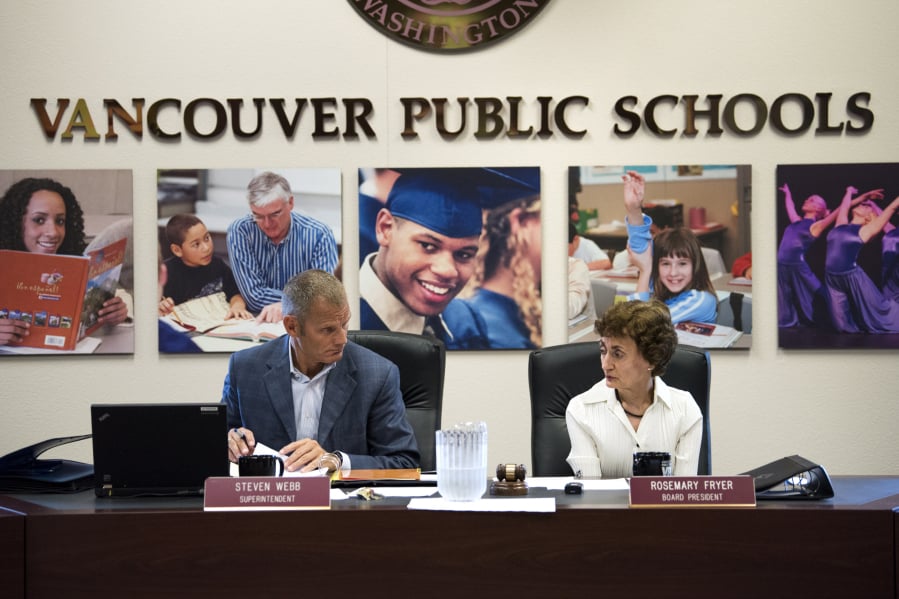 Superintendent Steve Webb and Board President Rosemary Fryer begin the Vancouver Public Schools board meeting in August 2018.