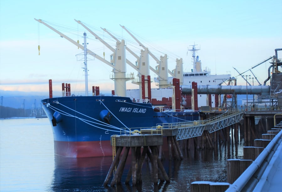 The Iwagi Island, a 590-foot-long Handymax bulk carrier, arrived at the Port of Vancouver on Friday.
