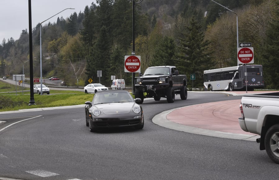 Traffic coming from state Highway 14 enters the roundabout at Northwest Sixth Avenue in Camas.