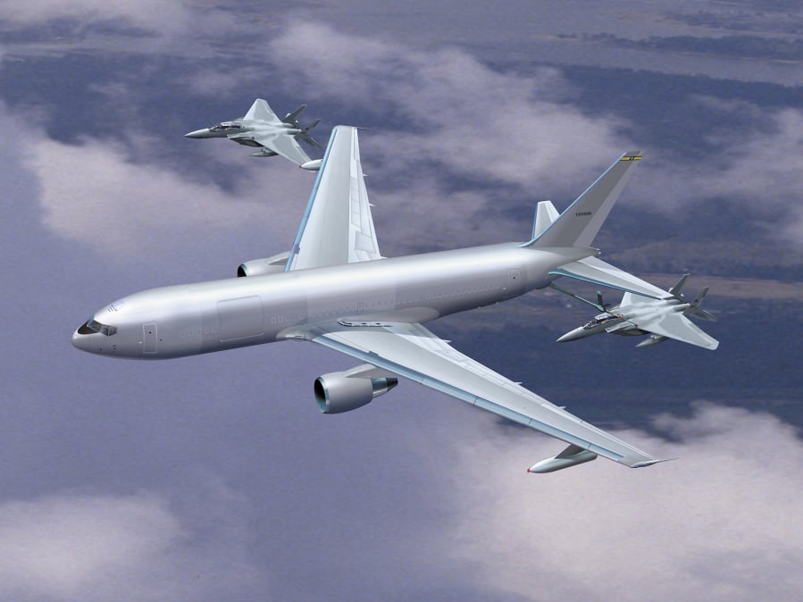 The Boeing 767 Tanker Transport is shown during refueling operations in this undated computer-generated drawing provided by the Boeing Co. Boeing was forced to ground its 767-based KC-46 tankers for the past week after the Air Force expressed concern about loose tools and bits of debris found in various locations inside the completed airplanes, according to internal company memos.