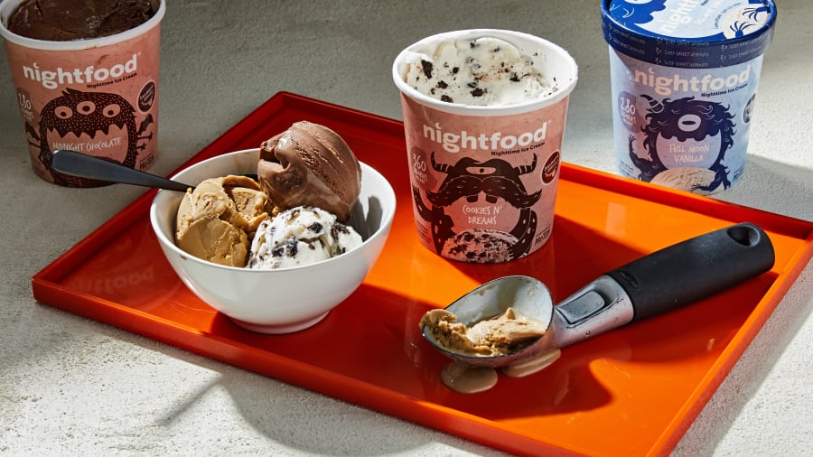 Nightfood’s ice creams come in flavors such as decaf cold brew, Bed and Breakfast (waffles and syrup), chocolate cherry and Cookies n’ Dreams.