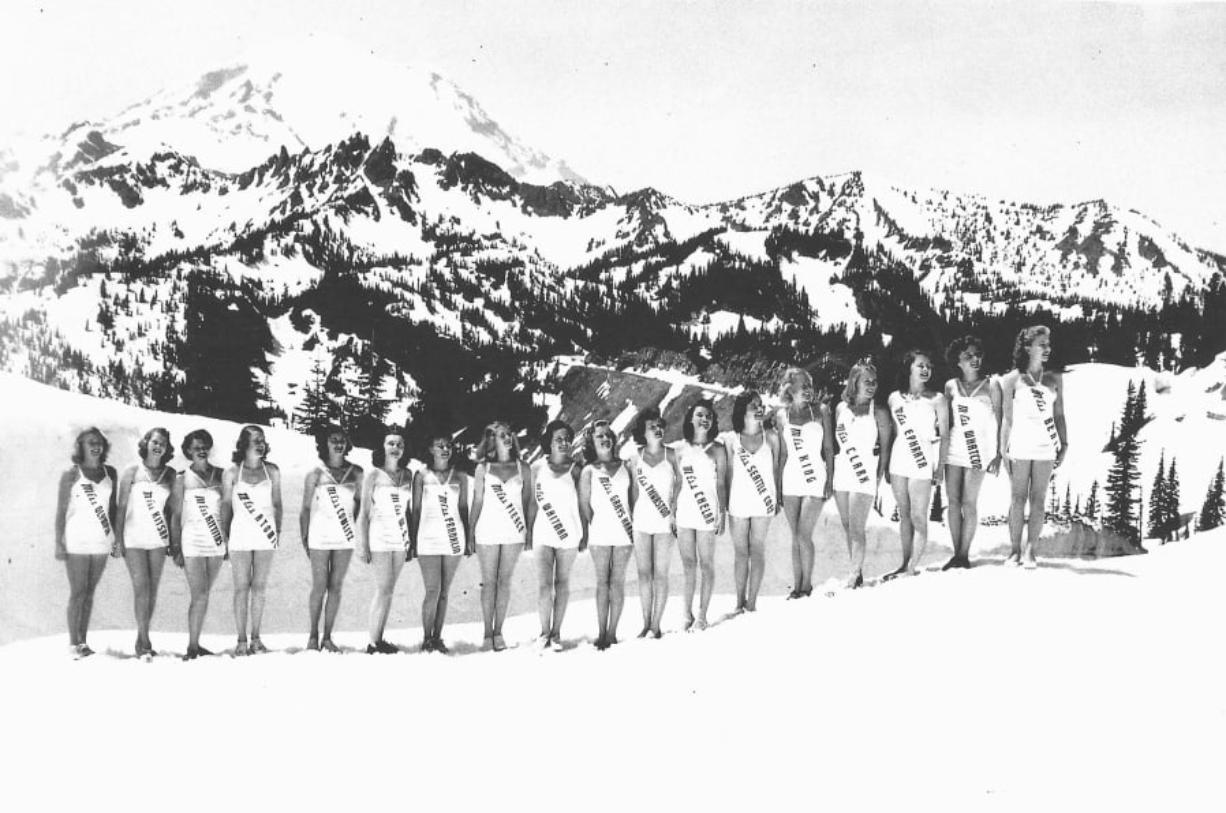 Miss Washington contestants of 1949, gathered at the base of Mount Rainier. Miss Clark County, Mary Elizabeth Tedford, is fourth from the right.