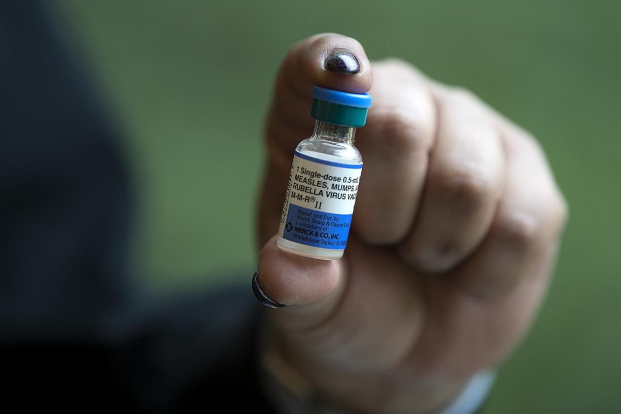 A vial of the measles vaccine is displayed at the Kaiser Permanente Cascade Park office.