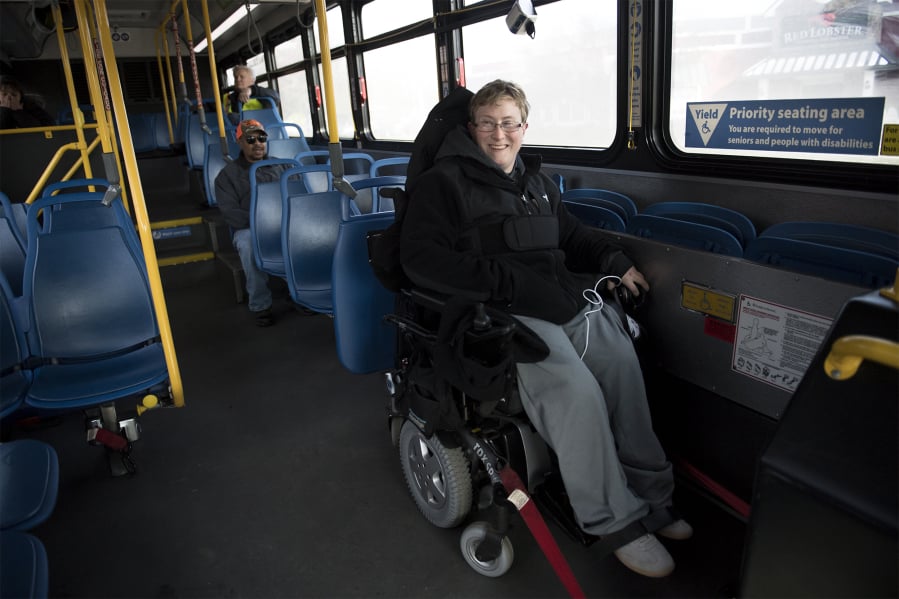 Kristine Graham, a volunteer travel trainer for C-Tran, said she rides public transit seven days a week, and drivers often have to ask riders to move out of the disabled seating for her. “Most people are pretty chill about it, and very receptive.
