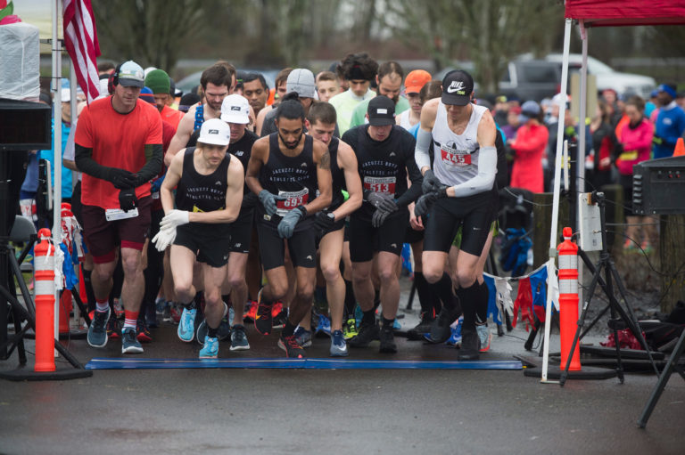 Runners start the Vancouver Lake Half Marathon on Sunday morning, February 24, 2019.