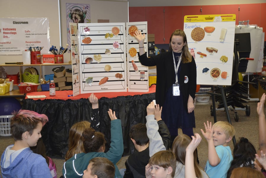 Washougal: Dietician Shelby Stanford talks to Hathaway Elementary School students at their Sodexo Student Well-Being Fair in late January.