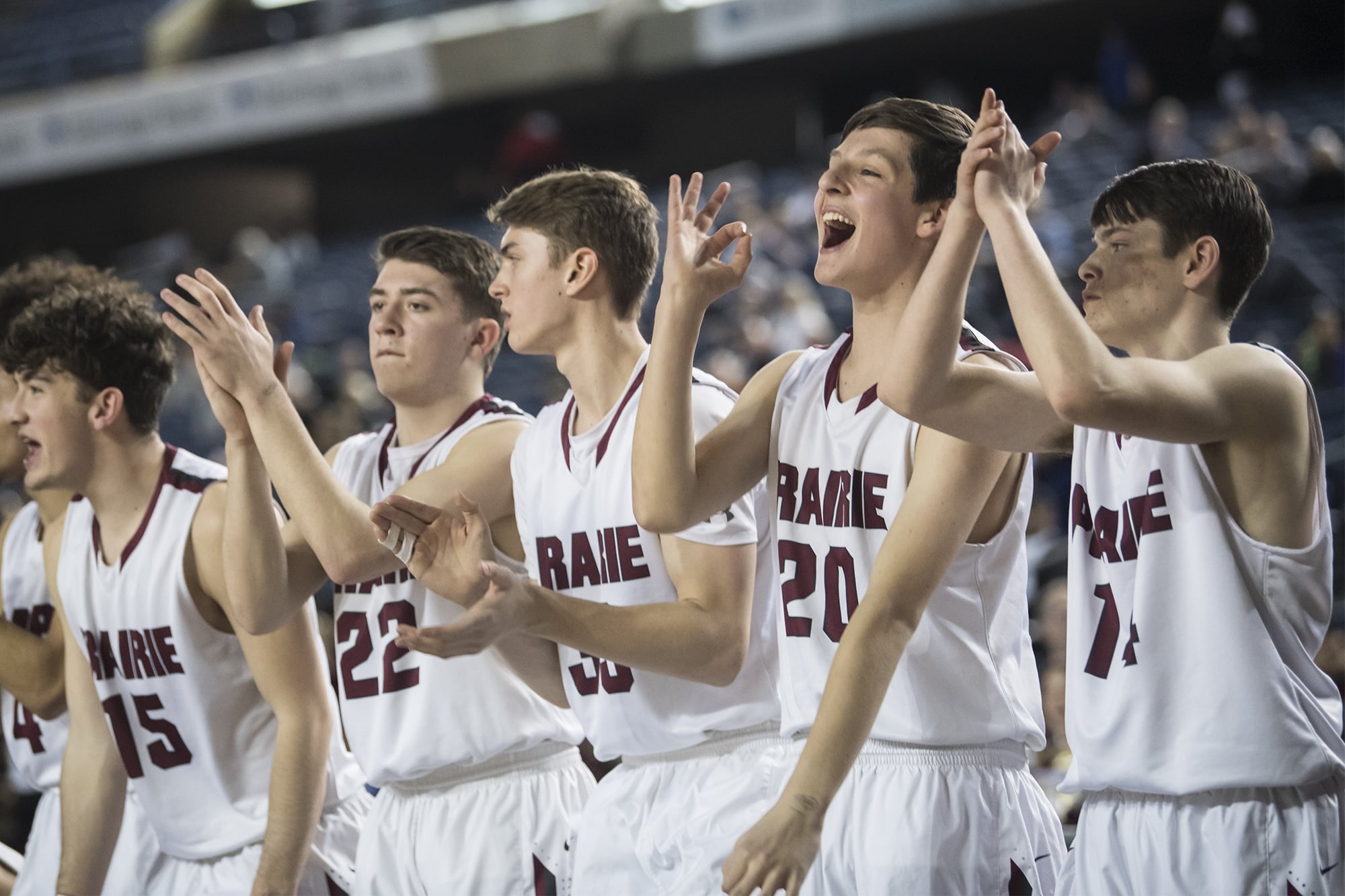 The Prairie bench reacts to a three-point shot in a match against Ingraham during the 3A Hardwood Classic at the Tacoma Dome on Wednesday, Feb. 27, 2019.