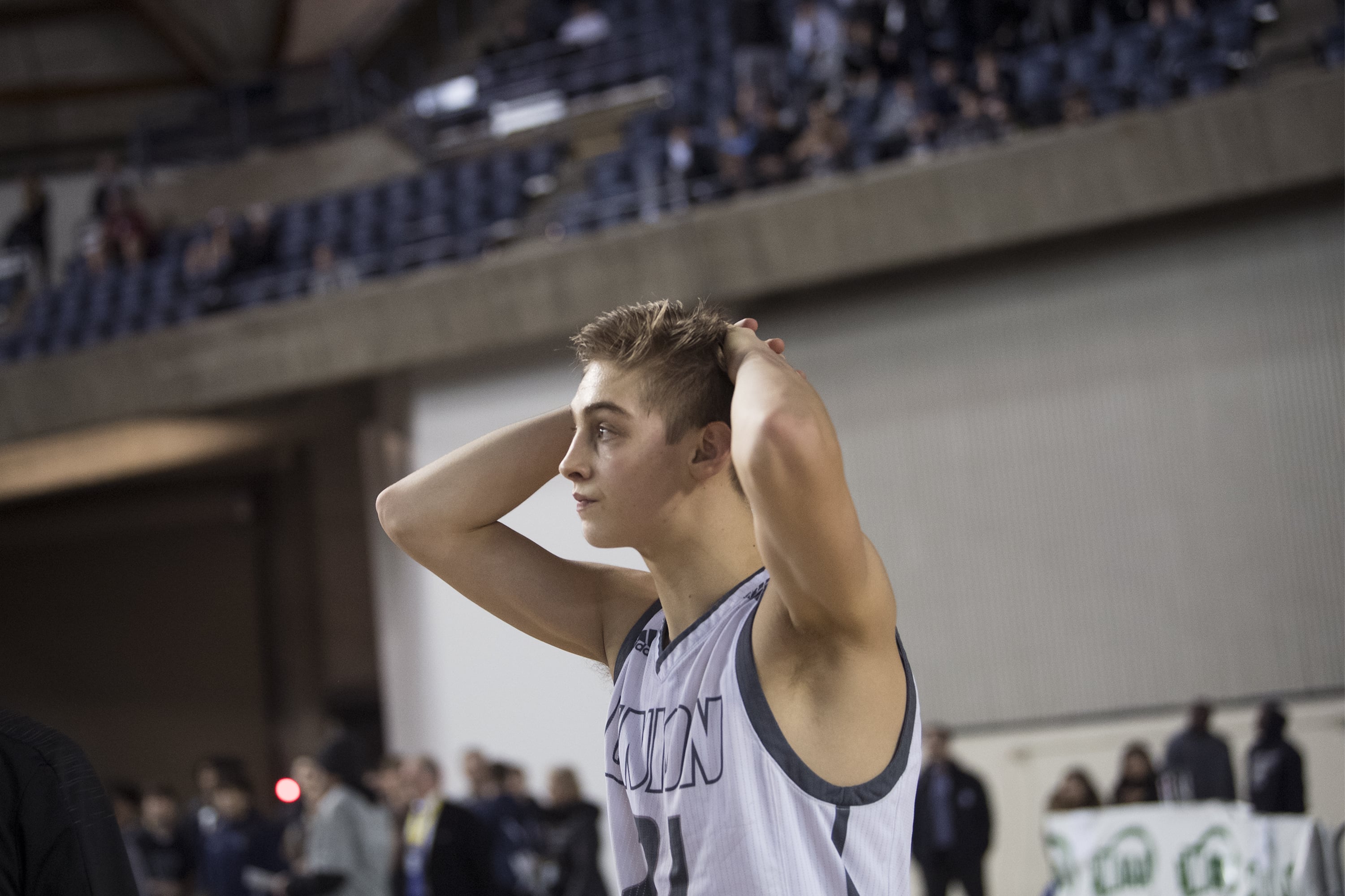 Union's Tanner Toolson reacts to the Titan's loss to the Curtis Vikings during the 4A Hardwood Classic at the Tacoma Dome on Thursday, Feb. 28, 2019.