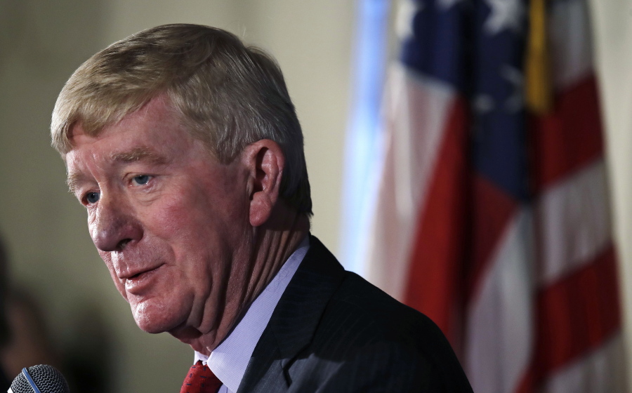 Former Massachusetts Gov. William Weld addresses a gathering during a New England Council ‘Politics & Eggs’ breakfast in Bedford, N.H., Friday, Feb. 15, 2019. Weld announced he’s creating a presidential exploratory committee for a run in the 2020 election.