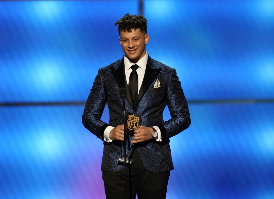 Patrick Mahomes of the Kansas City Chiefs accepts the award for AP offensive player of the year at the 8th Annual NFL Honors at The Fox Theatre on Saturday, Feb. 2, 2019, in Atlanta.
