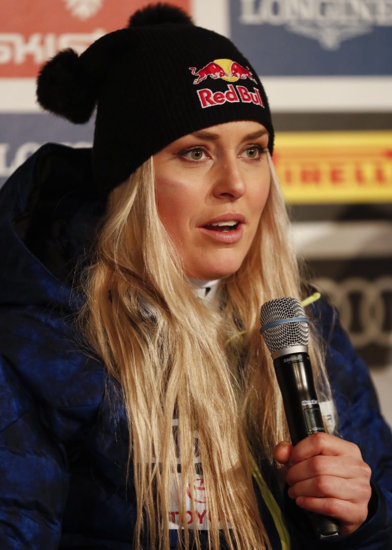 United States' Lindsey Vonn meets journalists during a news conference at the alpine ski World Championships, in Are, Sweden, Tuesday, Feb. 5, 2019.