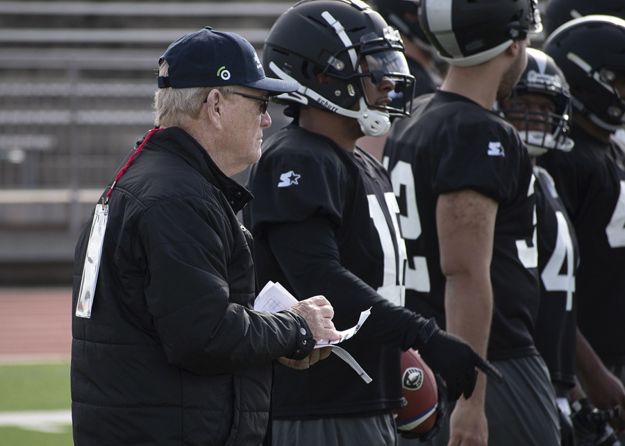 Bill Polian, Alliance of American Football head of football and co-founder, left, watches as players with the Birmingham Iron practice in San Antonio. Nearly four decades removed from a stint in the short-lived USFL, Pro Football Hall of Famer Bill Polian will preside over the opening weekend of the newest spring league, the Alliance of American Football. Polian, 76, is a co-founder of the AAF.