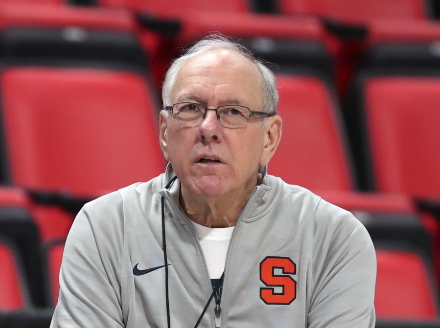 FILE - In this March 15, 2018, file photo, Syracuse head coach Jim Boeheim watches during a practice for an NCAA men’s college basketball tournament first-round game, in Detroit. Police say Syracuse men’s basketball coach Jim Boeheim struck and killed a 51-year-old man walking outside his vehicle on a highway near Syracuse, N.Y., Wednesday, Feb. 20, 2019.