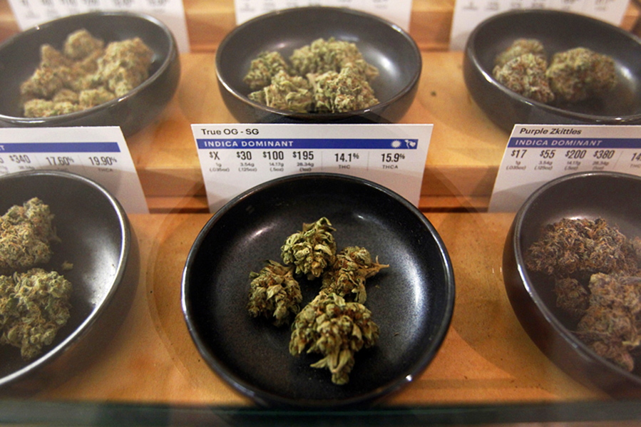 Marijuana on display at Harborside marijuana dispensary in Oakland, Calif.
