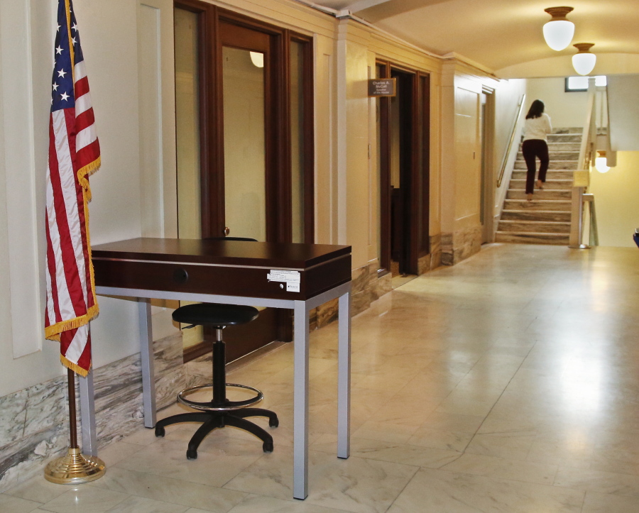 A not-yet-manned guard station is pictured in the hallway outside the office of House Speaker Charles McCall, R-Atoka, who confirmed increased security measures, including banning pubic access to the stairway at rear, in Oklahoma City, Wednesday, Feb. 6, 2019.