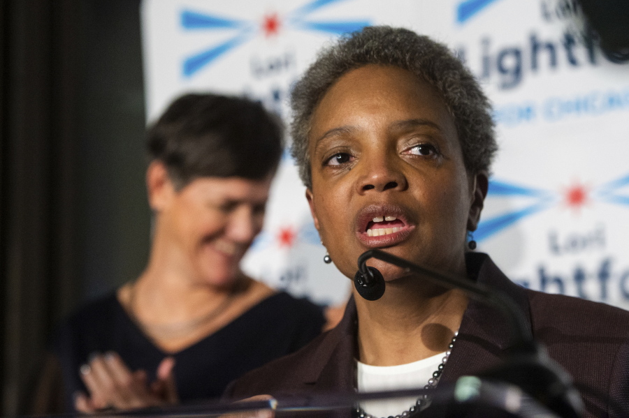Chicago Mayoral candidate Lori Lightfoot addresses the crowd at her election night party as she leads in the polls, Tuesday, Feb. 26, 2019, in Chicago. Lightfoot, a federal prosecutor running as an outsider, advanced Tuesday to a runoff for Chicago mayor, a transitional election for a lakefront metropolis still struggling to shed its reputation for corruption, police brutality and street violence.