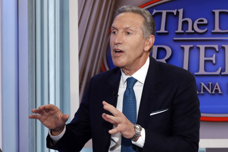 Former Starbucks CEO Howard Schultz is interviewed by FOX News Anchor Dana Perino for her “The Daily Briefing” program, in New York, Wednesday, Jan. 30, 2019. Schultz said he’s flirting with an independent presidential campaign that would motivate voters turned off by both parties.