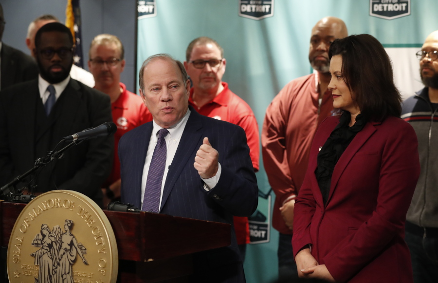 Detroit Mayor Mike Duggan announces plans for Fiat Chrysler to build a new assembly plant include $12 million in tax abatements over a dozen years and 200 acres of land during a news conference in Detroit, Tuesday, Feb. 26, 2019. Duggan’s office said that the city will work with the state on other incentives for the automaker’s $1.6 billion investment to convert its Mack Avenue Engine Complex into a new facility. The city has 60 days to get the land, 170 acres of which is owned by the city, a power utility, a public water authority and a family of prominent wealthy businessmen.