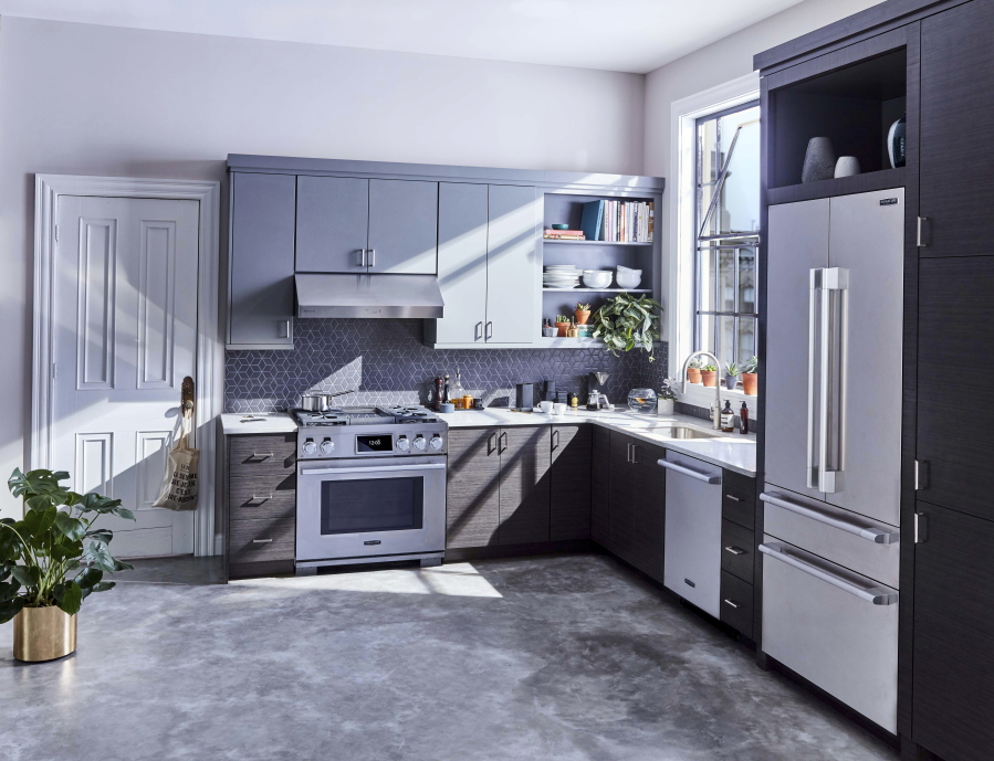 A kitchen showcasing Signature Kitchen Suite appliances. Signature Kitchen Suite is one of several companies working on tech capabilities for the kitchen, like having appliances communicate with each other to create shopping lists, meal recommendations and cooking instruction.