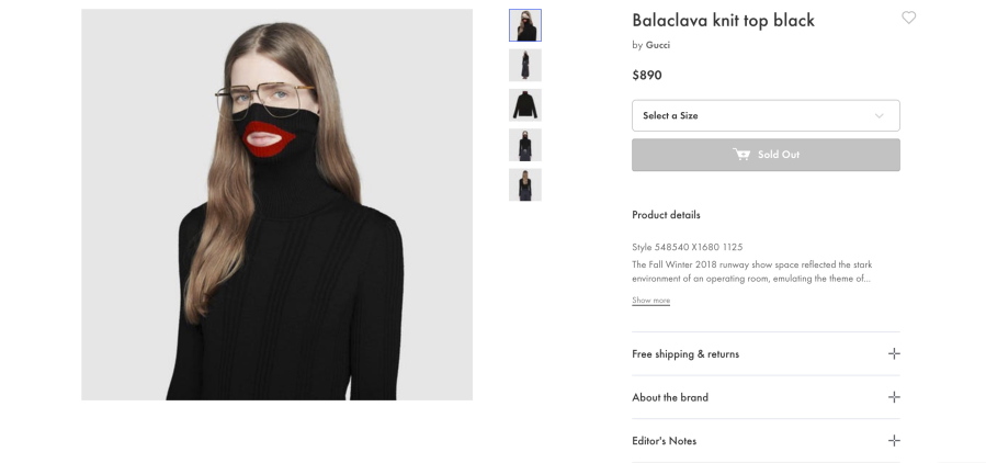 A screenshot taken on Thursday Feb.7, 2019 from an online fashion outlet showing a Gucci turtleneck black wool balaclava sweater for sale, that they recently pulled from its online and physical stores. Gucci has apologized for the wool sweater that resembled a “blackface” and said the item had been removed from its online and physical stores, the latest case of an Italian fashion house having to apologize for cultural or racial insensitivity.