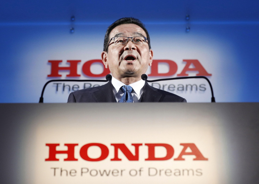Honda’s President and CEO Takahiro Hachigo speaks during a press conference in Tokyo Tuesday, Feb. 19, 2019. Honda Motor Co. plans to close its car factory in western England in 2021, the company said Tuesday, in a fresh blow to the British economy as it faces its March 29 exit from the European Union.