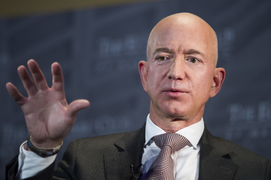 In this Sept. 13, 2018, file photo Jeff Bezos, Amazon founder and CEO, speaks at The Economic Club of Washington’s Milestone Celebration in Washington.