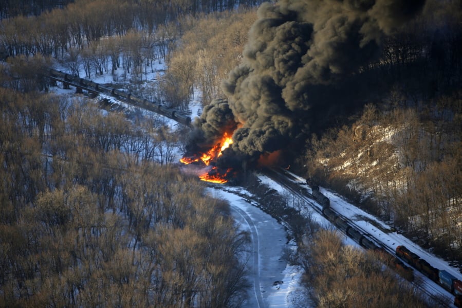 Smoke and flames erupt from an oil train derailment in 2015 near Galena, Ill. A new rule announced Thursday is aimed at having crews and equipment ready in the event of an accident.