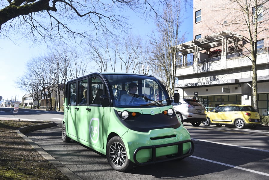 The original Ryd shuttle, parked next to Esther Short Park, was tested in March 2018 before making its debut two months later. Ryd now operates a fleet of three electric five-seat vehicles and plans to launch a ride-hailing app.
