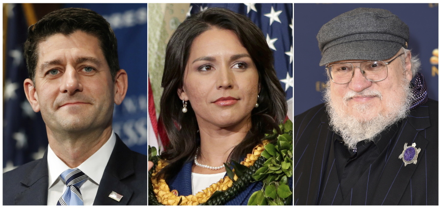 This combination photo shows former U.S. House Speaker Paul Ryan, from left, Rep. Tulsi Gabbard of Hawaii and “Game of Thrones” author George R. R.