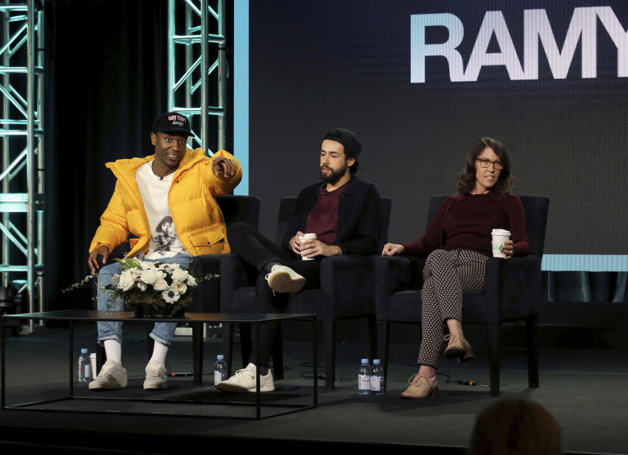 Jerrod Carmichael, from left, Ramy Youssef and Bridget Bedard participate in the “Ramy” panel Feb. 11 during the Hulu presentation at the Television Critics Association Winter Press Tour in Pasadena, Calif.