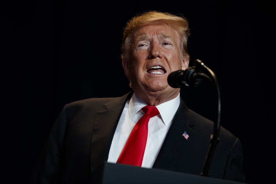 In this Feb. 7, 2019 photo, President Donald Trump speaks during the National Prayer Breakfast, in Washington. Trump is trying to turn the debate over a wall at the U.S.-Mexico border back to his political advantage as his signature pledge to American voters threatens to become a model of unfulfilled promises. Trump will hold his first campaign rally since November’s midterm elections in El Paso, Texas, on Monday.