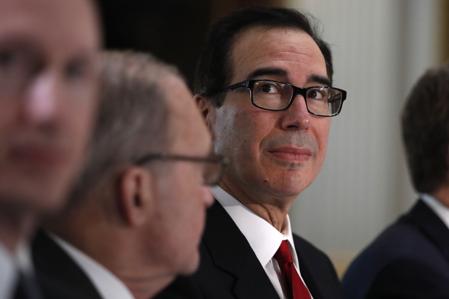Treasury Secretary Steve Mnuchin attends a meeting of senior U.S. and Chinese officials as they meet in the Indian Treaty Room of the Eisenhower Executive Office Building on the White House complex, during continuing meetings on U.S.-China trade, Thursday, Feb. 21, 2019, in Washington.