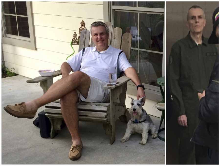 This photo combo shows Citgo executive Tomeu Vadell at his home in Lake Charles, Louisiana in July 2015, left, and three and a half years later while in confinement in a Venezuelan jail in January 2019. Vadell’s family says he’s lost more than 60 pounds due to malnutrition since he and five other Citgo employees were arrested, for alleged embezzlement and treason, during a meeting at Venezuela’s state oil company PDVSA the weekend before Thanksgiving in 2017. The photo at left was provided by Tomeu’s daughter Cristina, and the photo at right was obtained by The Associated Press.
