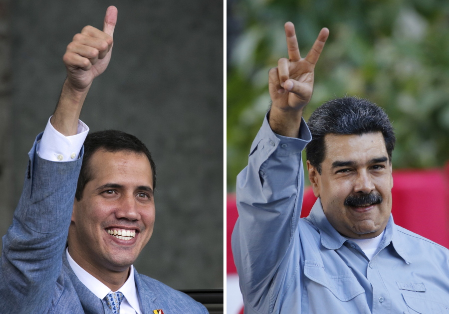 This photo combo of file photos shows opposition leader and self-proclaimed interim president of Venezuela Juan Guaido, left, on Feb. 8, 2019 and Venezuela’s President Nicolas Maduro, on Feb. 7, 2019, both in Caracas, Venezuela. Dueling concerts will literally set the stage for a showdown on Friday, Feb. 22, 2019, between Venezuela’s government and an opposition vowing to draw masses of people to push humanitarian aid into Venezuela despite Maduro’s objections.
