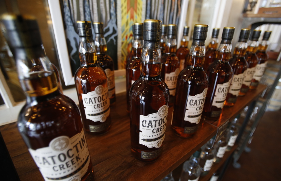 Catoctin Creek Distillery whiskey is on display in a tasting room in Purcellville, Va.