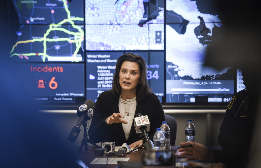 In this Thursday, Jan. 31, 2019, photo, Michigan Gov. Gretchen Whitmer speaks to the media at the State Emergency Operations Center at the Michigan State Police headquarters in Dimondale, Mich. Whitmer talked about the state’s response to the polar vortex and deadly wind chills.