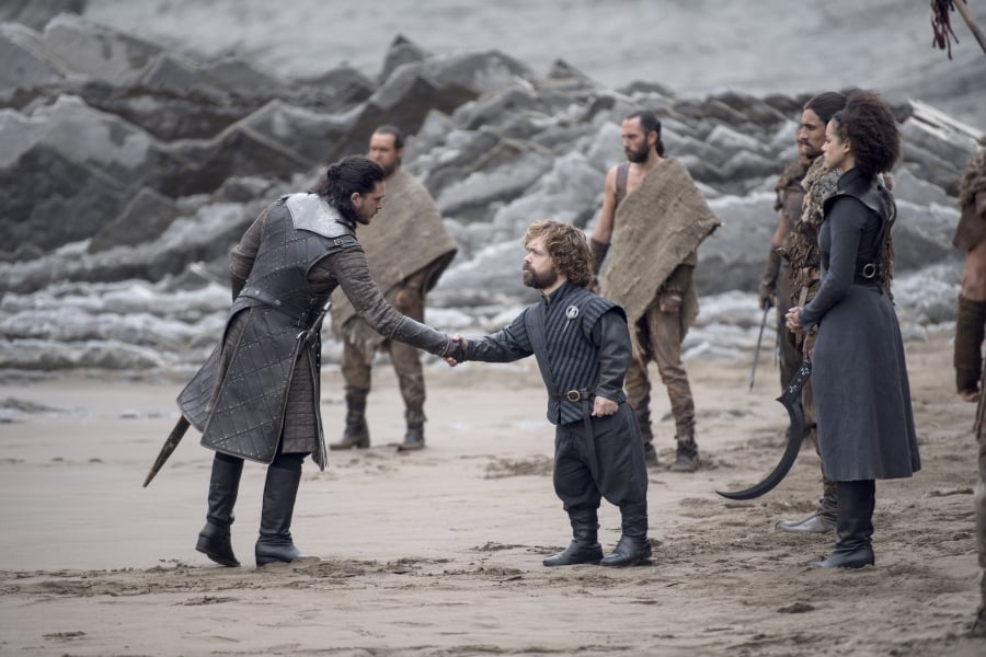 Tyrion Lannister and Jon Snow meet at Dragonstone in the penultimate season of “Game of Thrones.” HBO