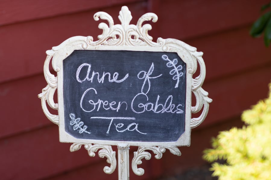 A hand-lettered chalkboard sign welcomes guests to the Anne of Green Gables tea at Pomeroy Farm. Randy L.