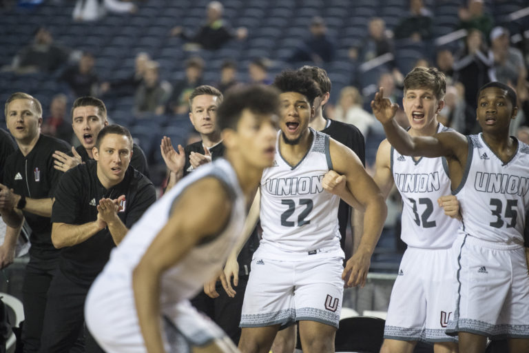 Union's bench reacts to an attempted three-point shot in the final minutes of their match against Puyallup during the 4A Hardwood Classic at the Tacoma Dome on Friday March 1, 2019.